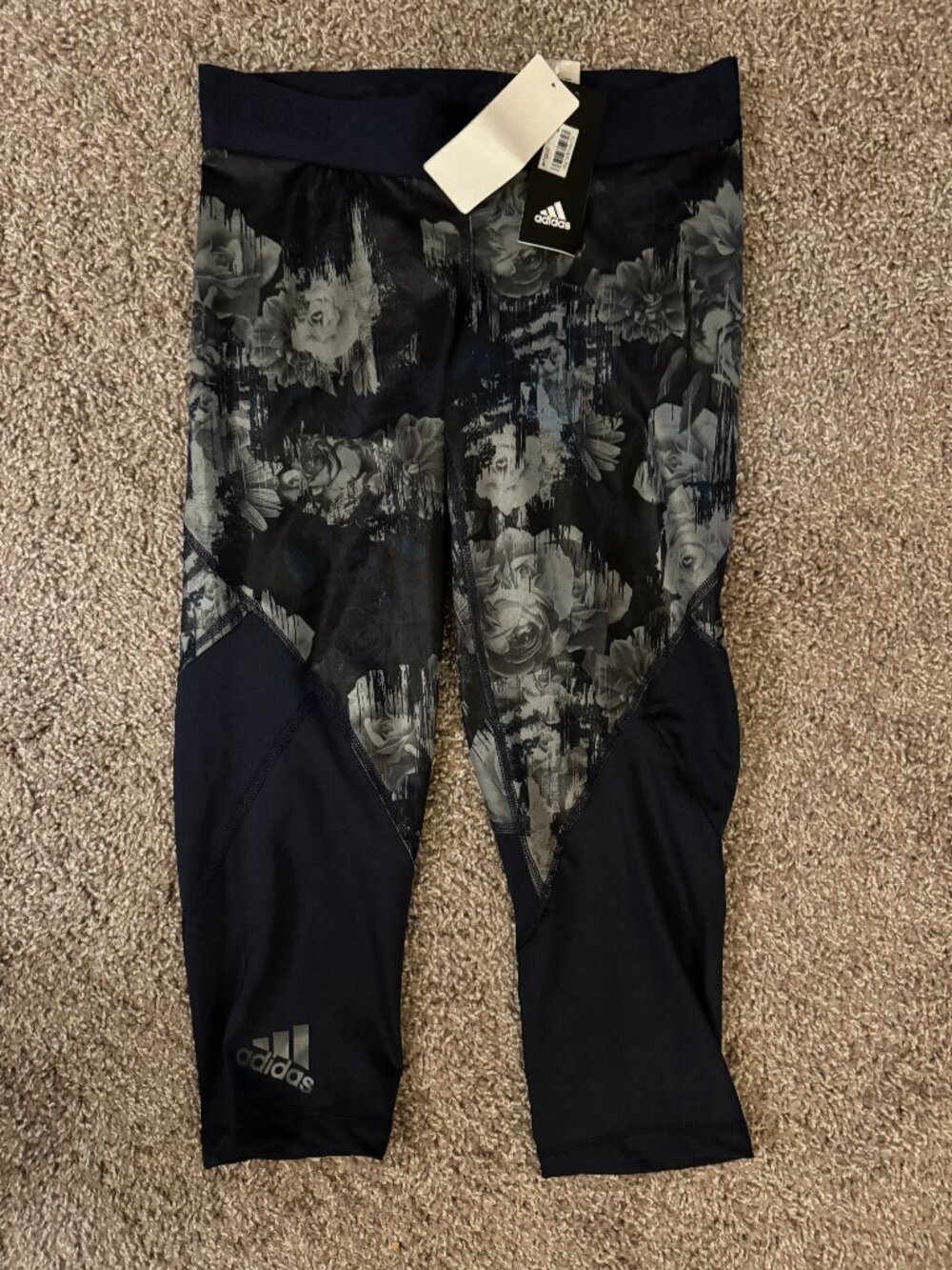 adidas Black and Gray Floral Print Cropped Leggings